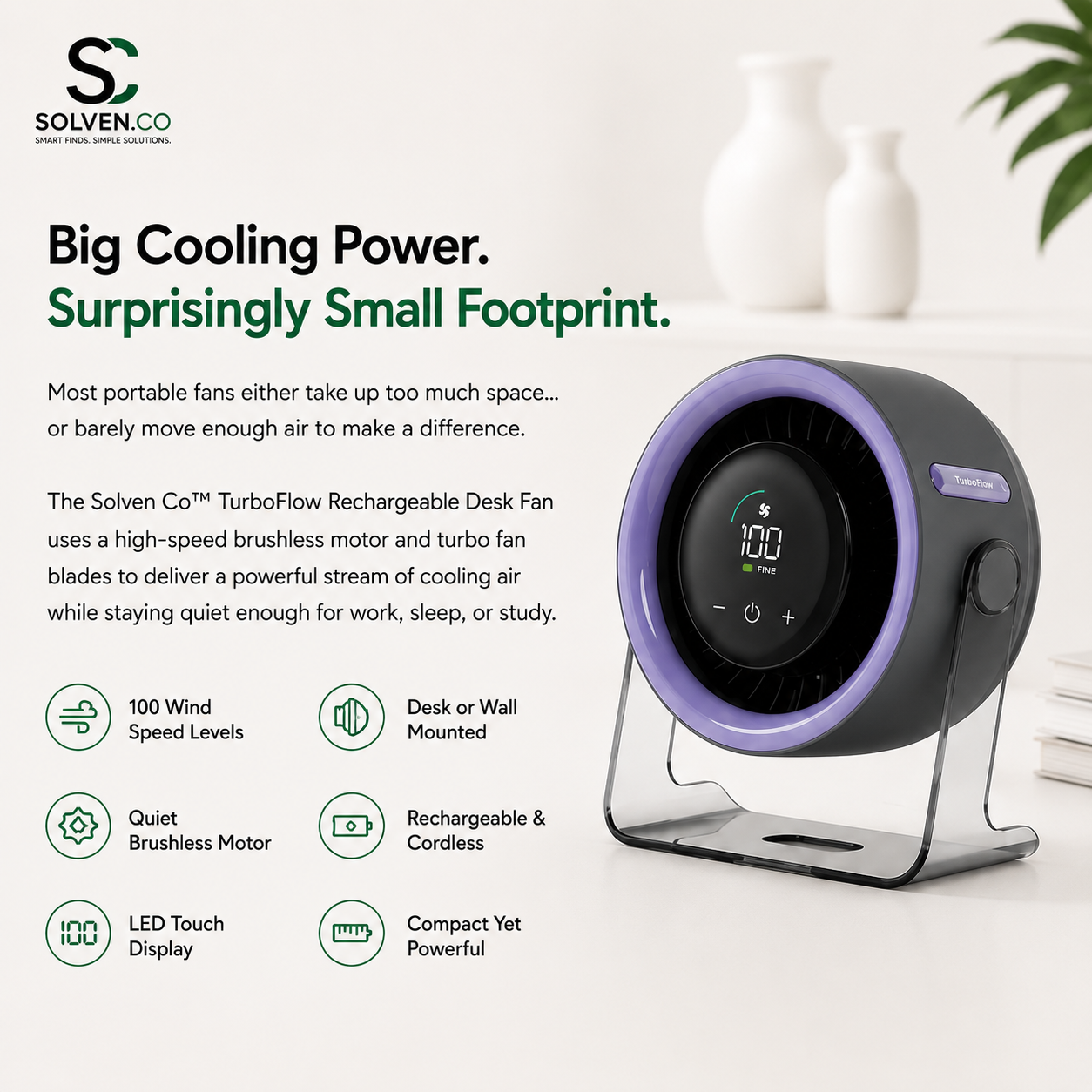 Solven Co™ TurboFlow Rechargeable Desk Fan